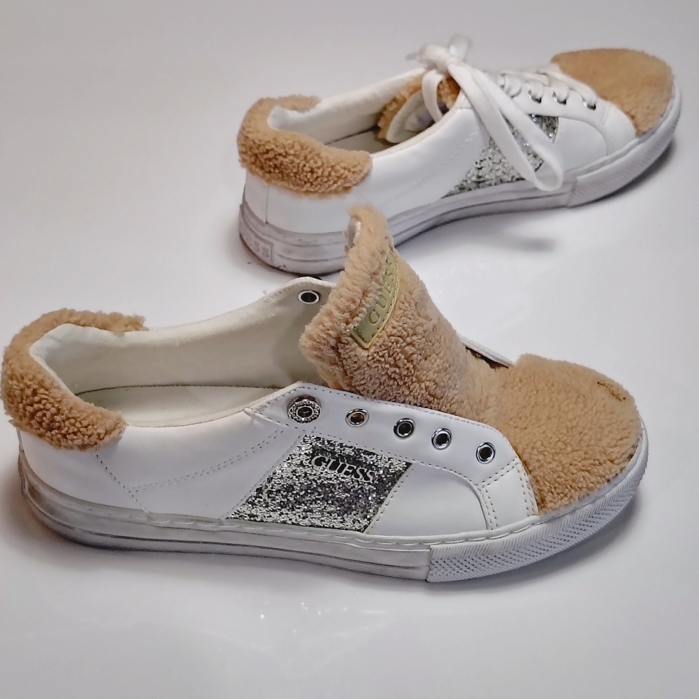 Guess White Sneakers with Tan Faux-fur and Silver Glitter Hardware Details Size8